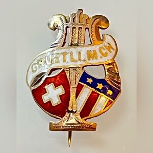 Antique Enamel Guilloche GRUETLI M CH Lyra Shield Mini Crest Pin Swiss America